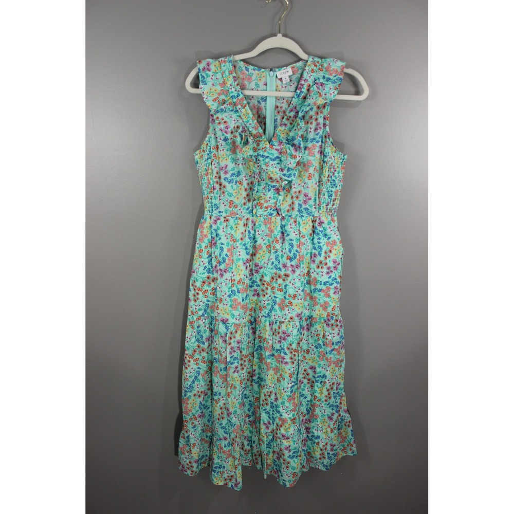 J.Crew Dress Womens 8 Green Floral Tiered Ruffle Smocked Midi Great Cotton